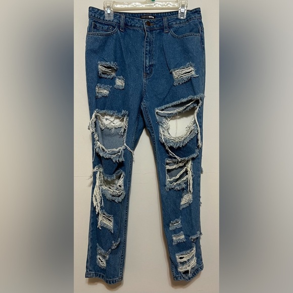 Fashion Nova Destroyed Distressed High Rise Boyfriend Denim Jeans. Sz 11 - Picture 4 of 13